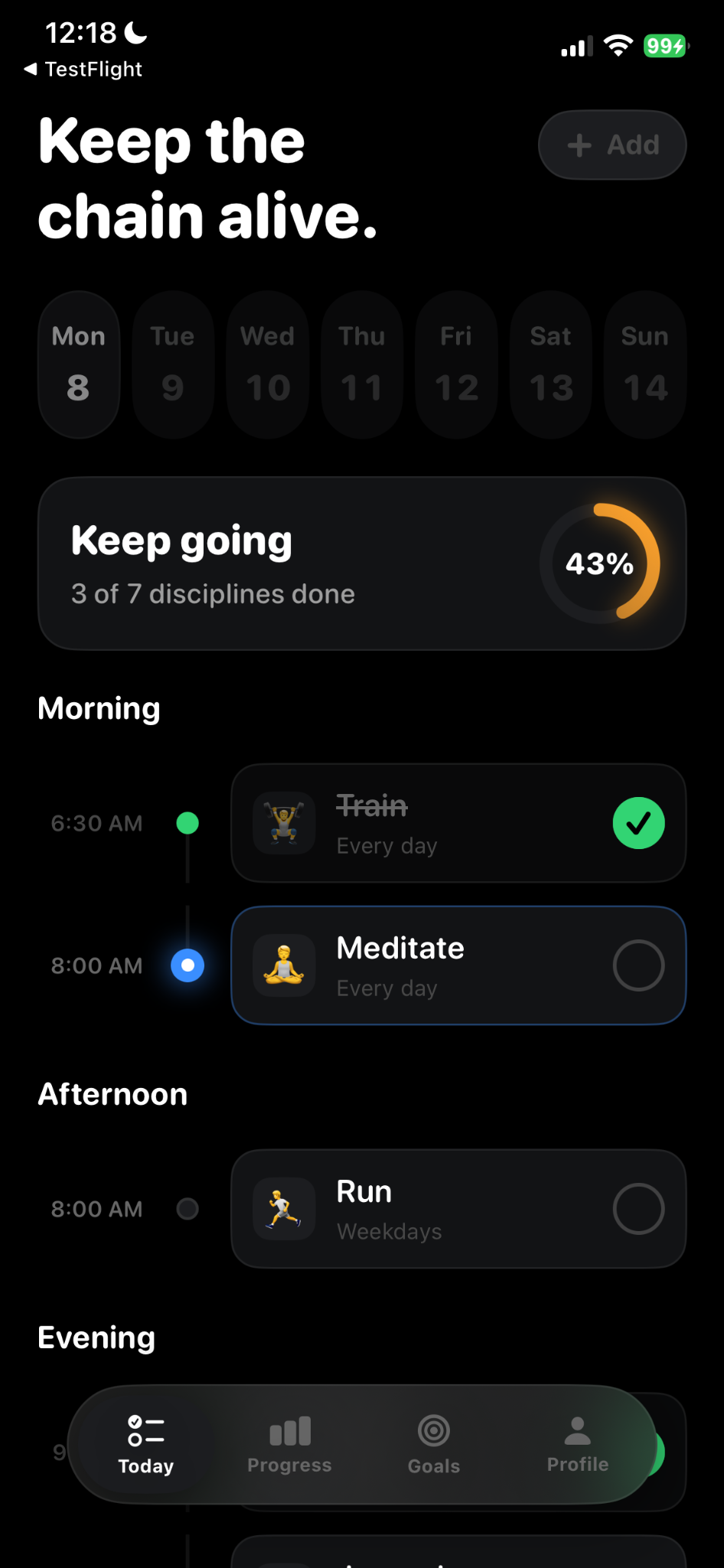 CHAINR today screen showing daily disciplines and completion progress